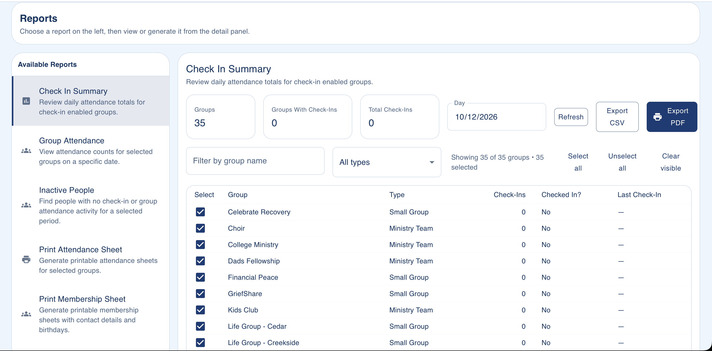 Keystone reports screen showing check-in summary and attendance reporting